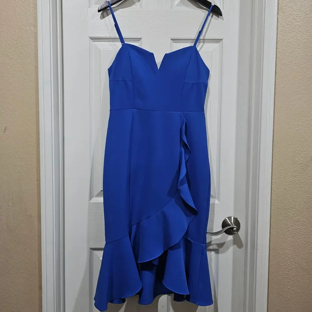 Laundry by Shelli Segal Blue Midi Dress Ruffle Hem Sheath Size 4 - Picture 3 of 10